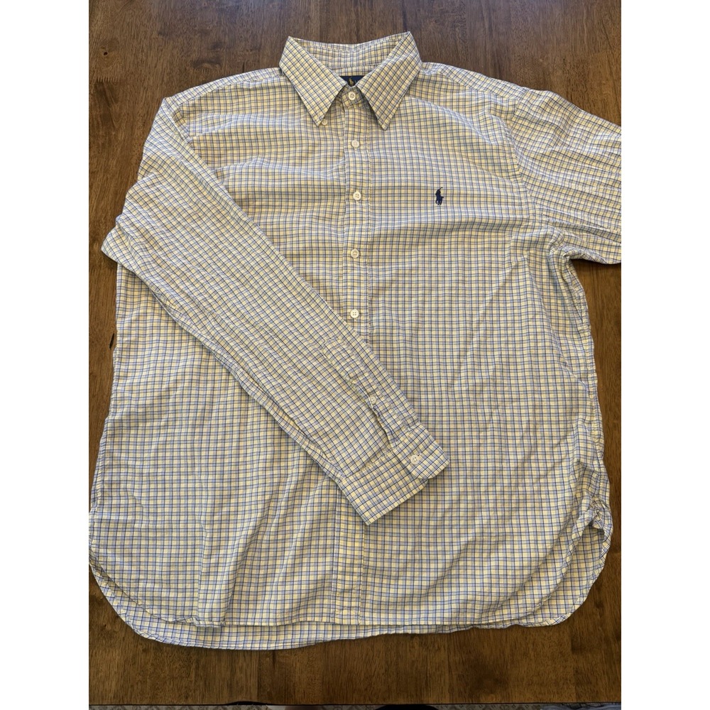 Ralph Lauren Men's XXL Yellow Blue Check Slim Fit Point Collar Long Sleeve Shirt
